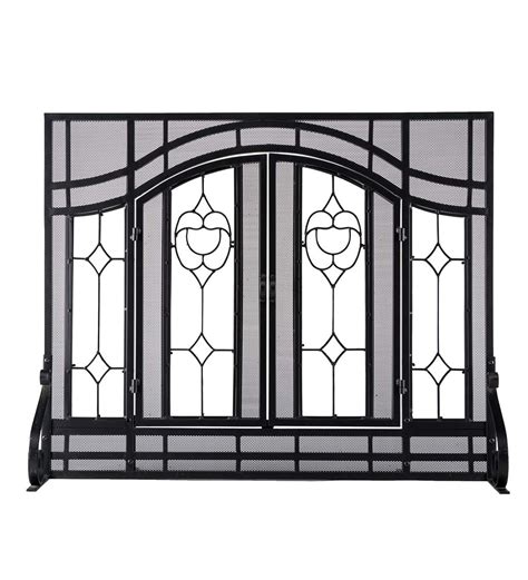 Large Two Door Fireplace Screen With Glass Floral Panels Black Plow And Hearth