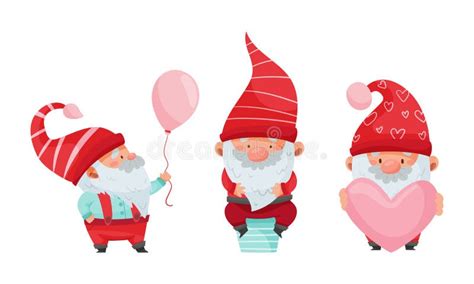 Set Of Christmas Gnomes Cute Cheerful Bearded Gnome In Red Cap With
