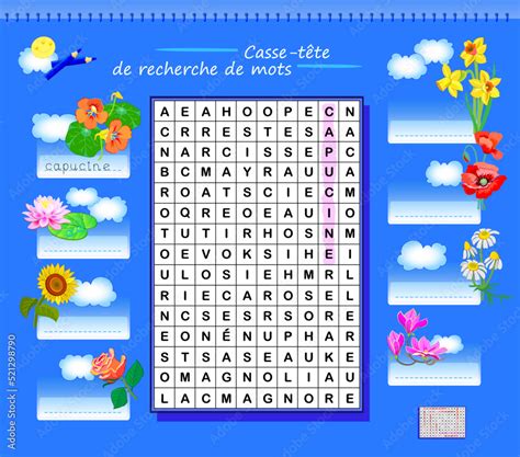 Learn French Word Search Puzzle Logic Game With Flowers For Study