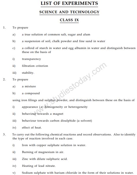 Cbse Class 9 Science List Of Experiments Concepts For Science Revision