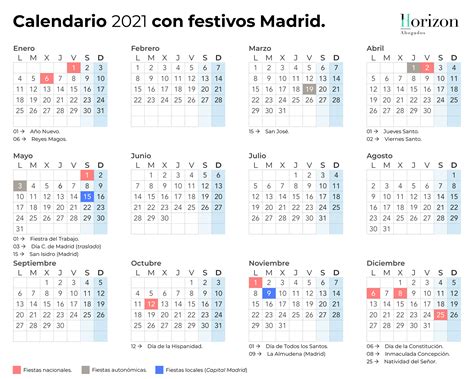 Calendario Laboral Comunidad De Madrid 2021 Horizon Abogados