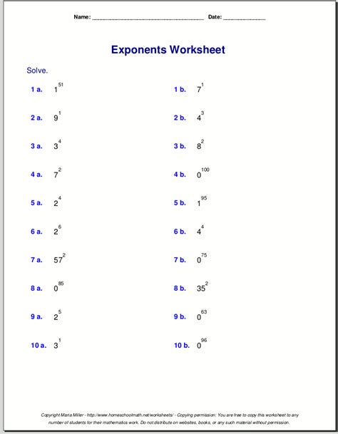 Easy Exponent Worksheets