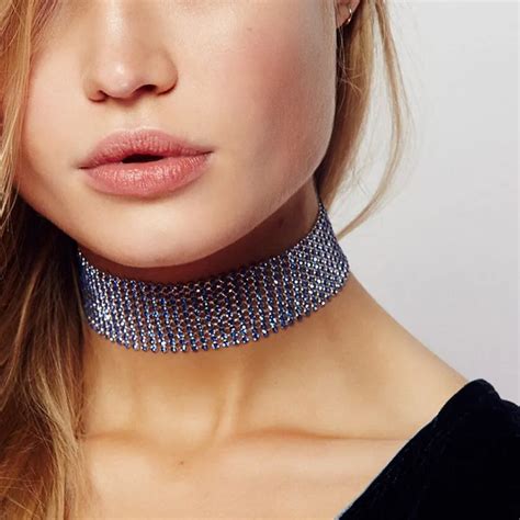 Lwong Delicate Rhinestone Choker Necklace Wide Cz Crystals Chokers Jewellery Sparkly Blue