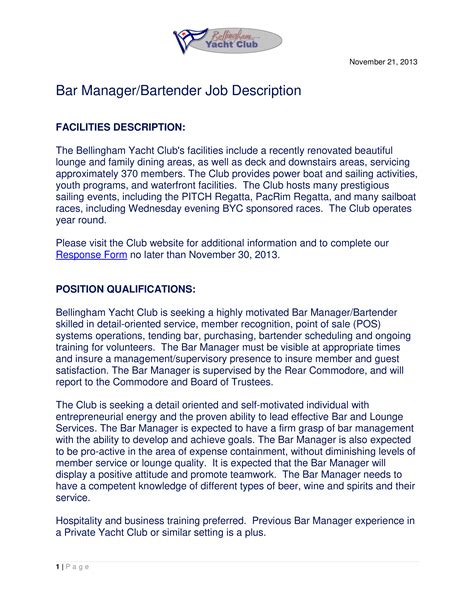 They help clients to determine the best budgeting plans, retirement plans, and other financial courses to take. Bartender Manager Job Description | Templates at ...