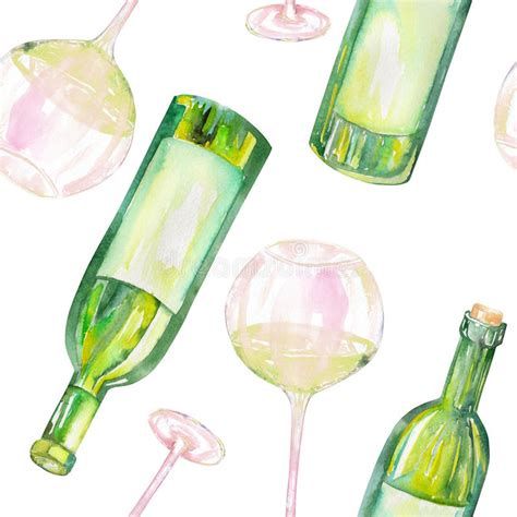 A Seamless Pattern With The Watercolor Glasses Of White Wine Wine