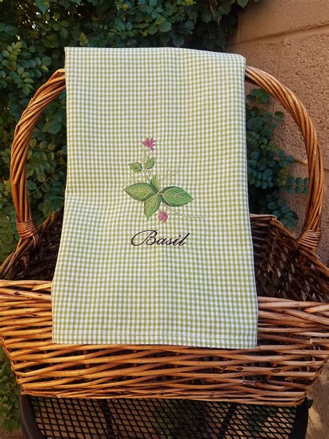 Basil Embroidered On Green And White Check Tea Towel Herbs