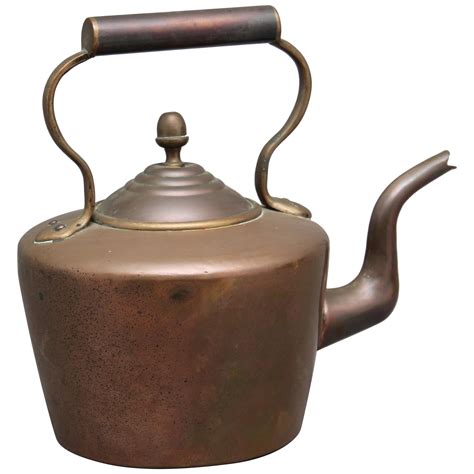 Antique Large Copper Tea Kettle 1800s Hand Forged Brass Handles