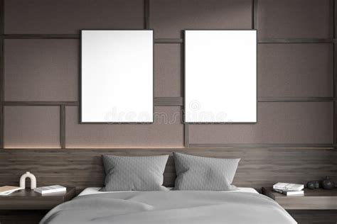 Dark Bedroom Interior With Bed Two Empty White Posters Stock