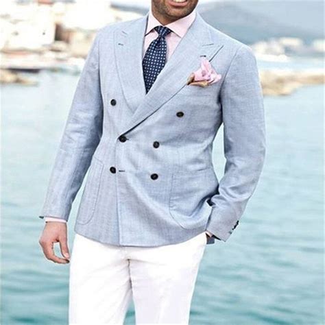 2018 Light Blue Linen Double Breasted Men Suit With White Pants Groom