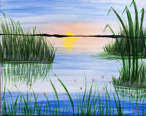 Easy Lake Painting With Marsh Grass And Sunset Paint Nite Acrylic