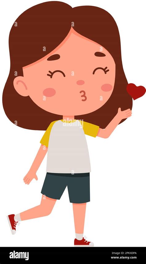 Cute Little Kid Girl Blowing A Kiss Cartoon Schoolgirl Character Show
