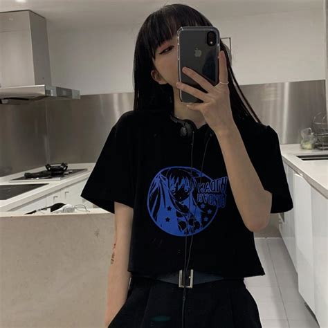 Itgirl Shop Cute Anime Girl Print Black Cropped Loose T Shirt