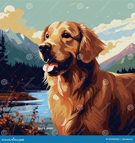 Colorful Pixel Art Golden Retriever Painting By The Lake Stock