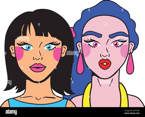 hair colors girls couple fashion pop art style vector illustration design stock vector image