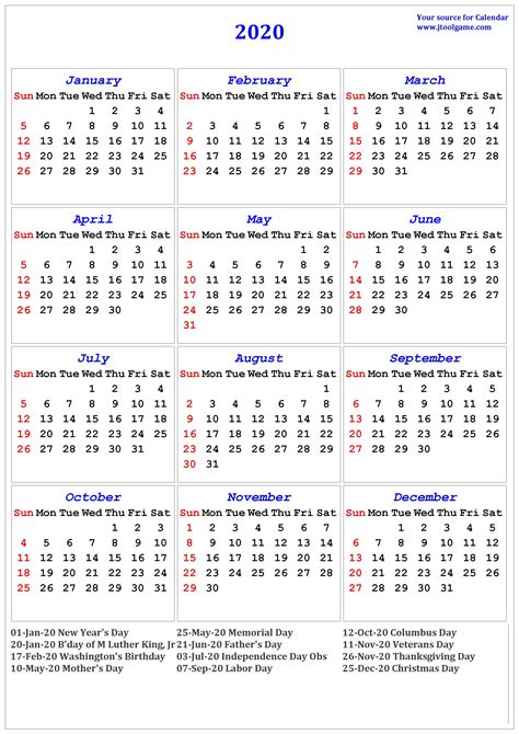 Year 2020 Calendar Usa Calendar Printables Free Templates
