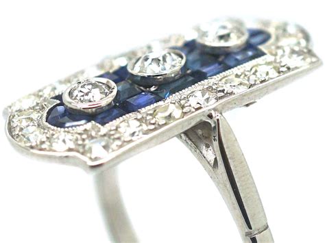Art Deco Platinum Sapphire And Diamond Rectangular Shaped Ring 446p