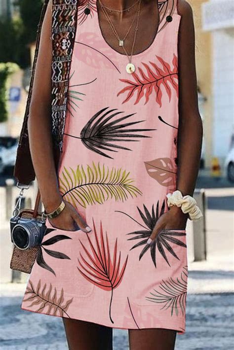 pink printed bohemian drawstring sleeveless dress in 2020 short beach dresses short summer