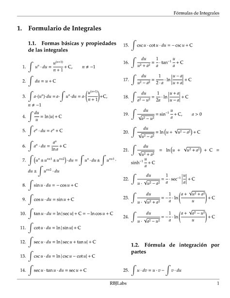 Formulario De Integrales 1 Formulario De Integrales 1 Formas B