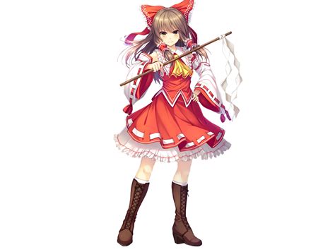 Boots Bow Brown Hair Hakurei Reimu Japanese Clothes Kneehighs Long Hair