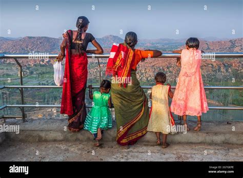 Hampi Karnataka India South Indian Women Looking At The Mountains From Monkey Hill Stock