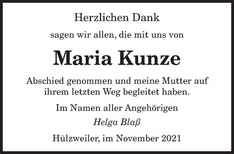 Traueranzeigen Von Maria Kunze Saarbruecker Zeitungtrauerde