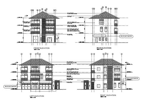 Three Story Bungalow All Sided Elevations Cad Drawing Details Dwg File Cadbull