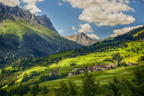 Switzerland Village Mountains Alpine Landscape Mountain Panorama
