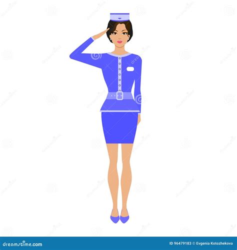 Cartoon Stewardess With Suitcase Female Air Hostess In Blue Uniform