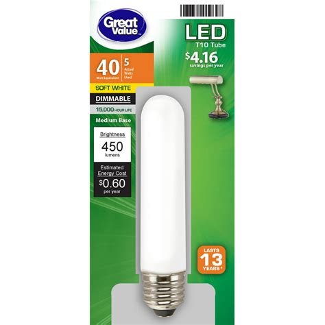 Great Value Led Light Bulb 5 Watts 40w Equivalent T10 Frosted Tube