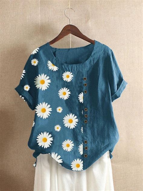 Daisy Floral Print Patched Short Sleeve O Neck T Shirt Modbutton Online Store In 2020 Women
