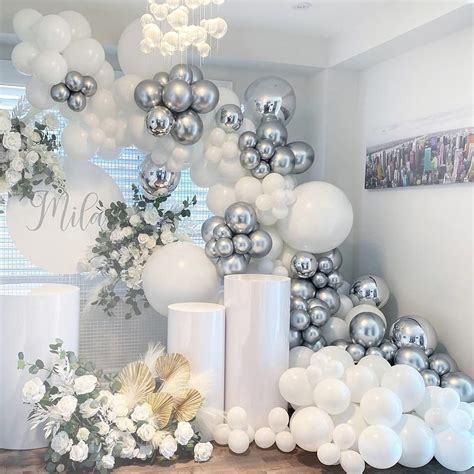 White And Silver Balloon Garland Birthday Party Decorations Wedding