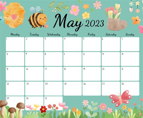 Editable May 2023 Calendar Beautiful Spring Colorful Etsy