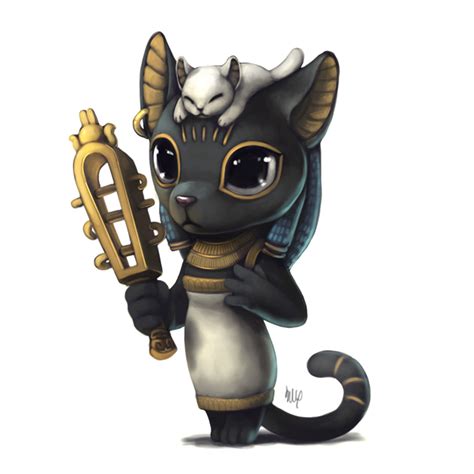 Cartoon Black Egyptian Cat With Golden Scepter Tattoo Design By Silver