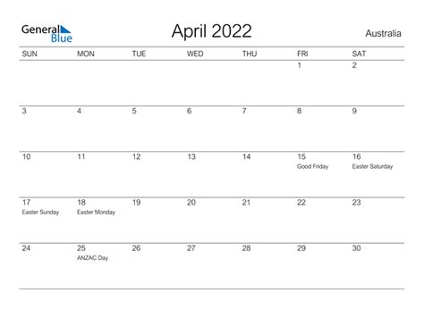 Australia April 2022 Calendar With Holidays