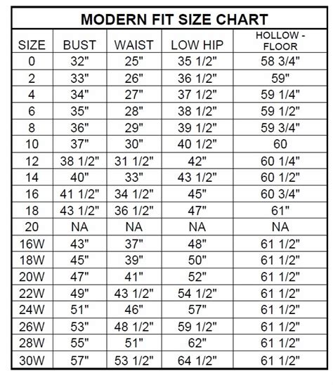 Modern Fit Size Chart