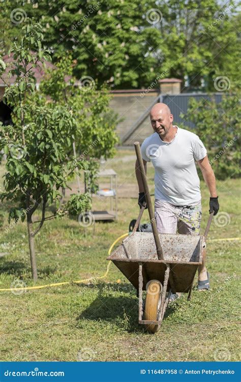 Man Pushing Wheelbarrow Young Man Pushing A Wheelbarrow On The Farm