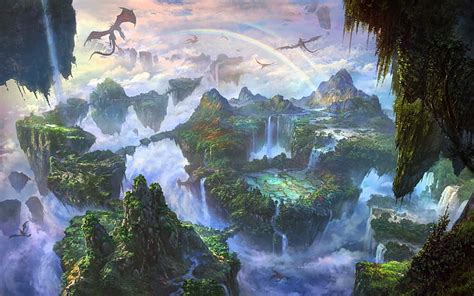 Fantasy Landscape Dragons Rainbows Sky Islands Waterfalls Fantasy