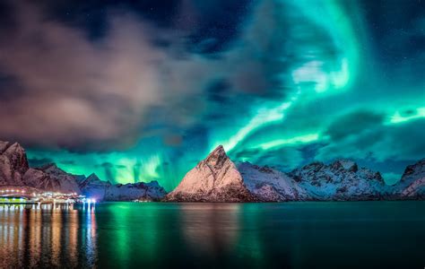 Norway Blue Sky Mountains Lights Water Nature Aurorae
