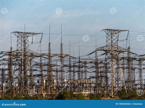 Electric Substation On A Background Of The Coming Sun Stock Image