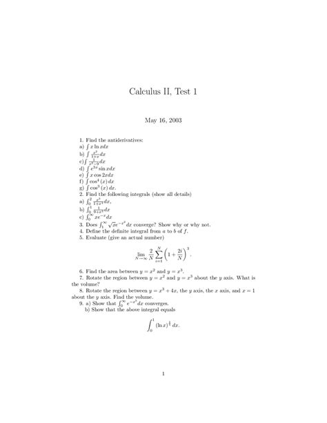Antiderivatives Calculus Ii Exam Docsity