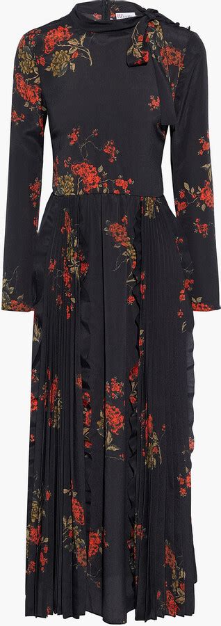 Red Valentino Pussy Bow Pleated Floral Print Satin Maxi Dress Shopstyle