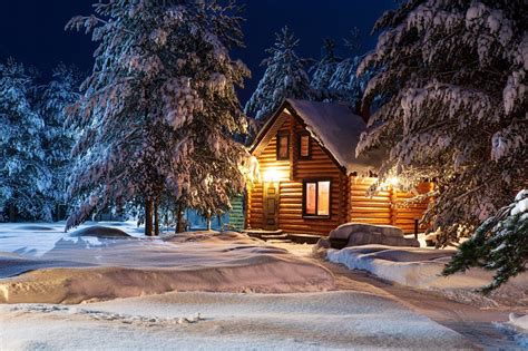 Rustic Log House Snow Covered Pine Trees Big Snowdrifts Fabulous