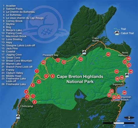 Hiking Trail Map For Cape Breton Highlands National Park Includes