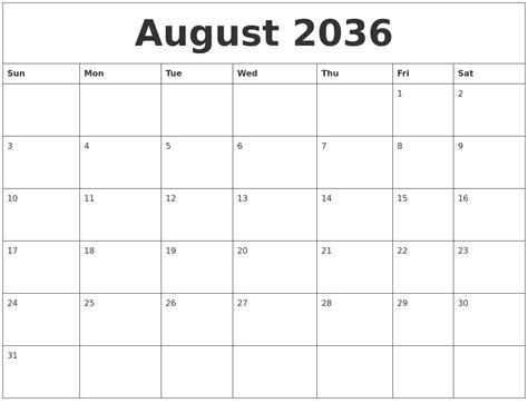 August 2036 Printable Calendar Pages