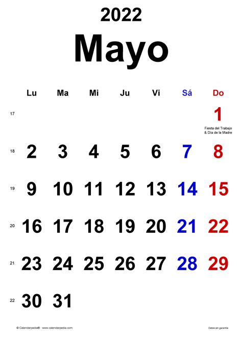 Calendario Mayo Feriado 2022