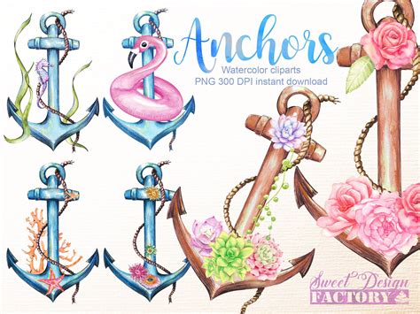 Anchor watercolor clipart, flower clipart, sea, nautical clipart, beach clipart, tatoo clipart 