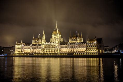 Hungary Houses Rivers Parlament Budapest Night Cities Wallpapers