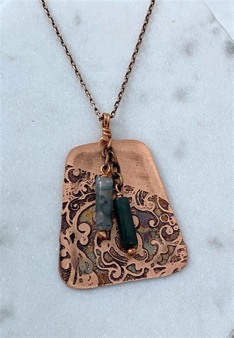 Handmade Copper Acid Etched Necklace With Moss Agate Shop Iowa