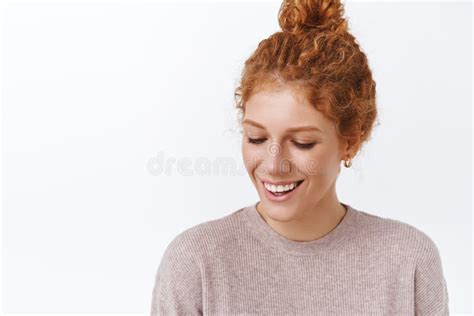 close up portrait carefree emotive good looking redhead caucasian woman with curly hair combed