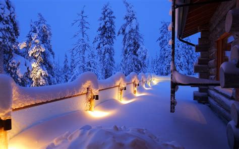 Landscapes Nature Winter Snow Trees Forests Night Fenceline Lights Architecture Buildings